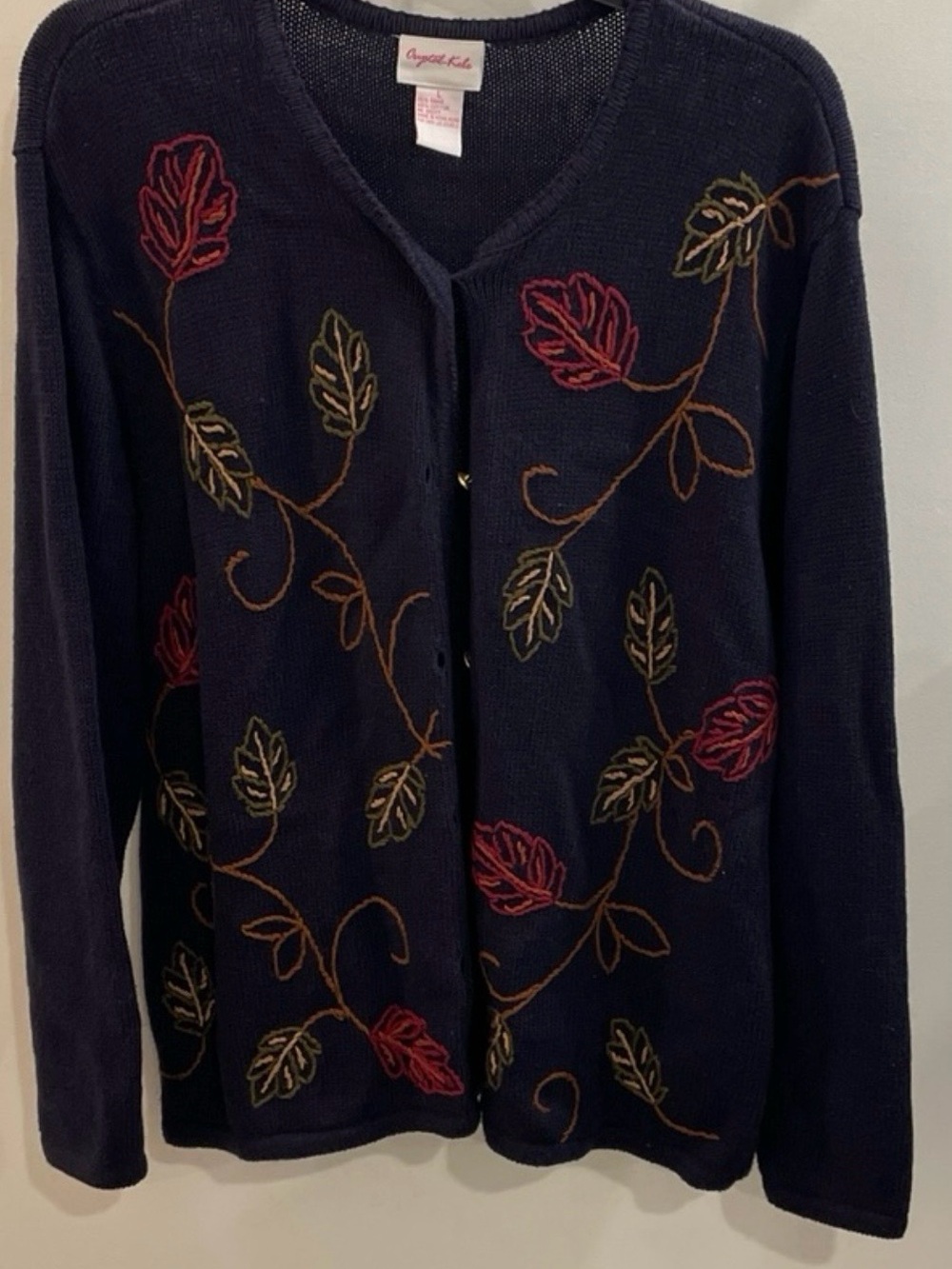 Women’s L Black Leaf Embroidered Button Front Cardigan Sweater By Crystal Love